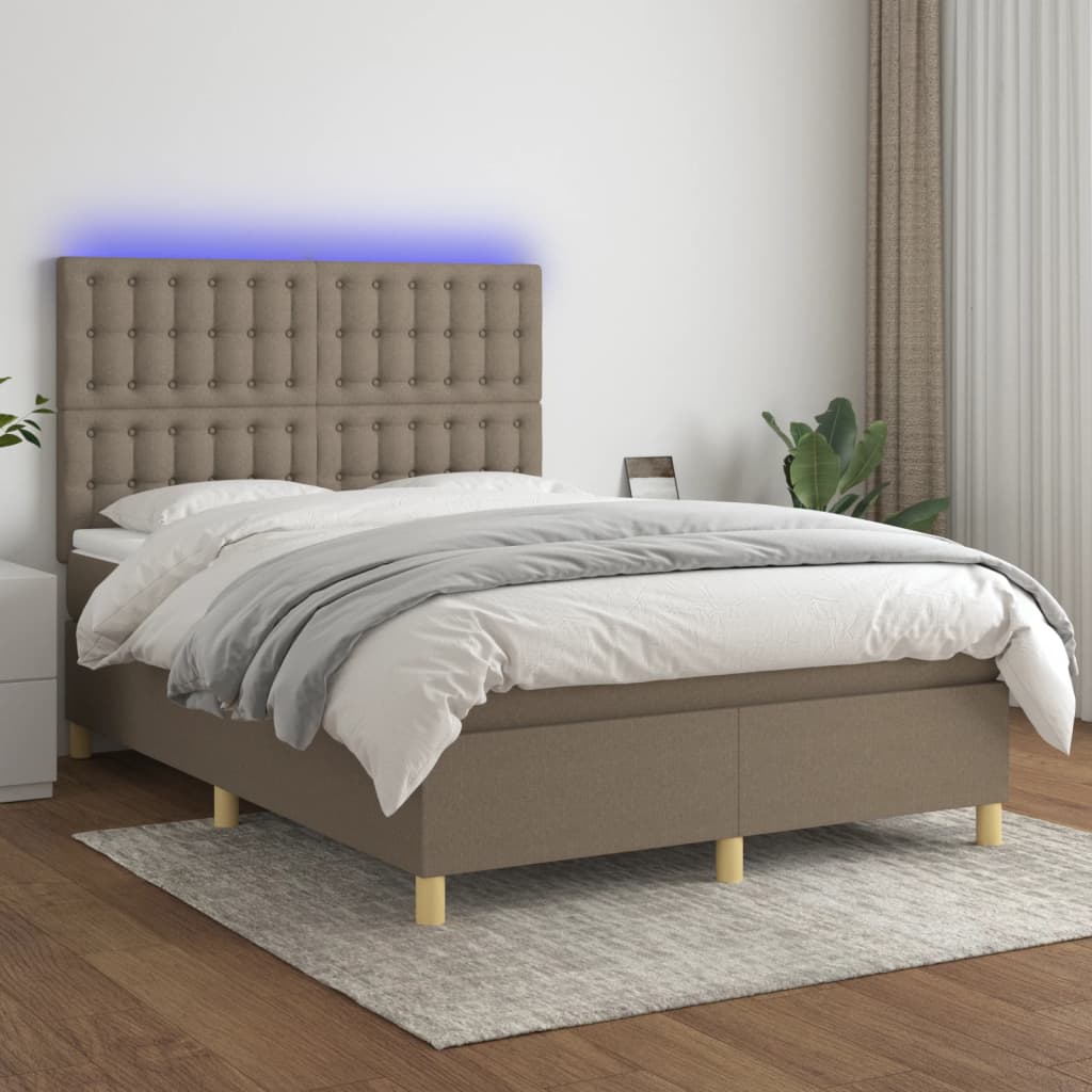 Κρεβάτι Boxspring με Στρώμα & LED Taupe 140x190 εκ. Υφασμάτινο