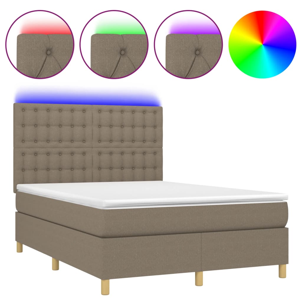 Κρεβάτι Boxspring με Στρώμα & LED Taupe 140x200 εκ. Υφασμάτινο