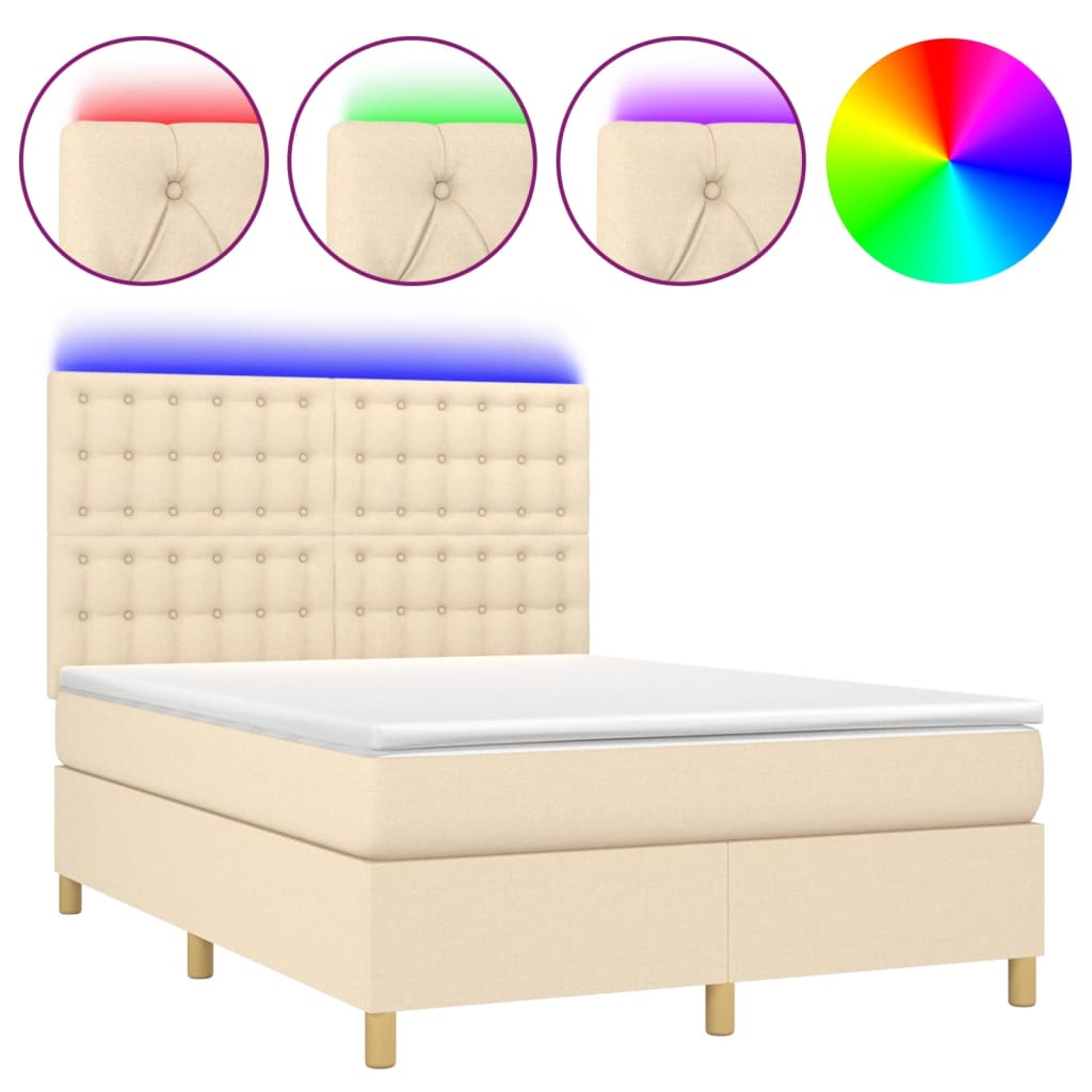 Κρεβάτι Boxspring με Στρώμα & LED Κρεμ 140x200 εκ. Υφασμάτινο - Pakobazaar