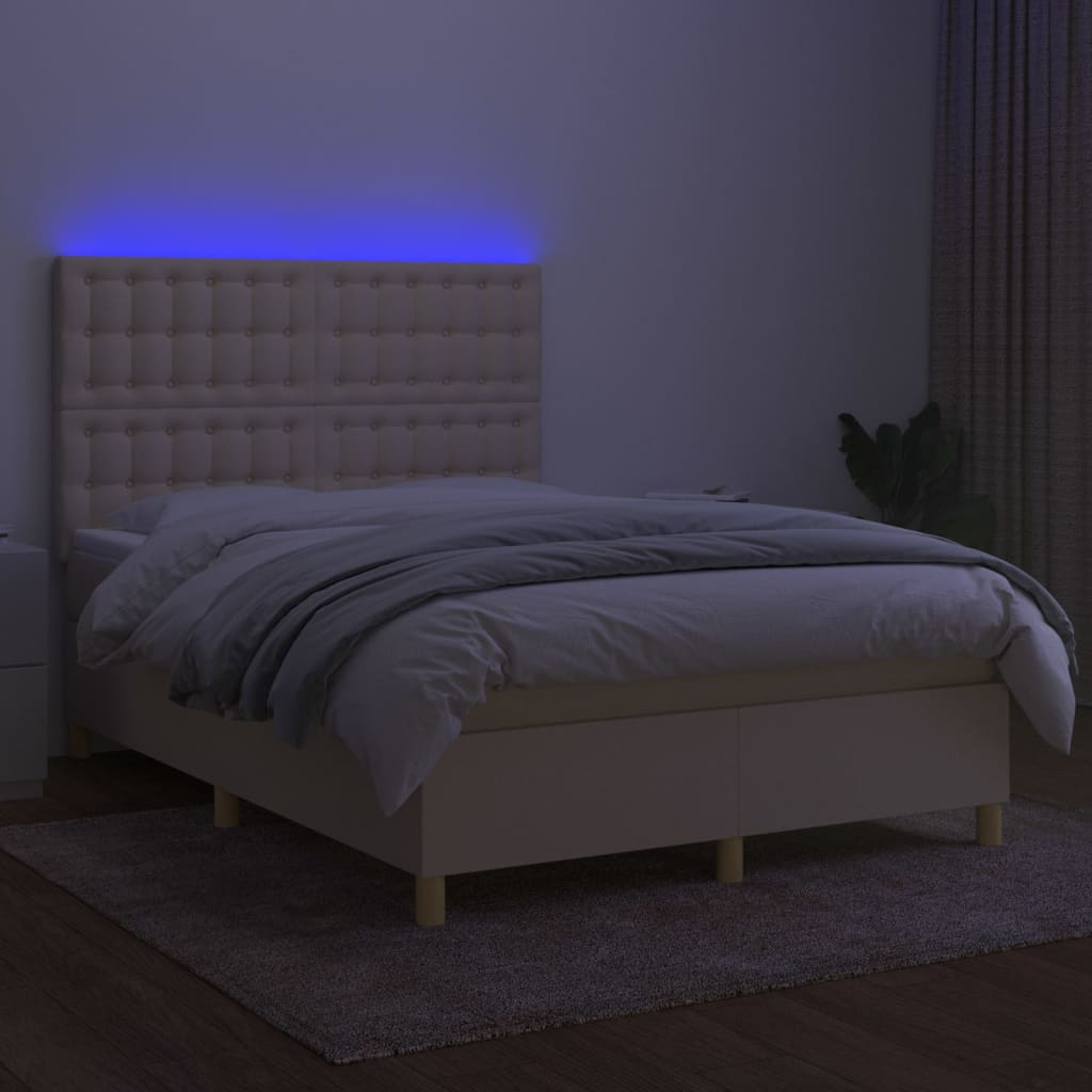 Κρεβάτι Boxspring με Στρώμα & LED Κρεμ 140x200 εκ. Υφασμάτινο - Pakobazaar