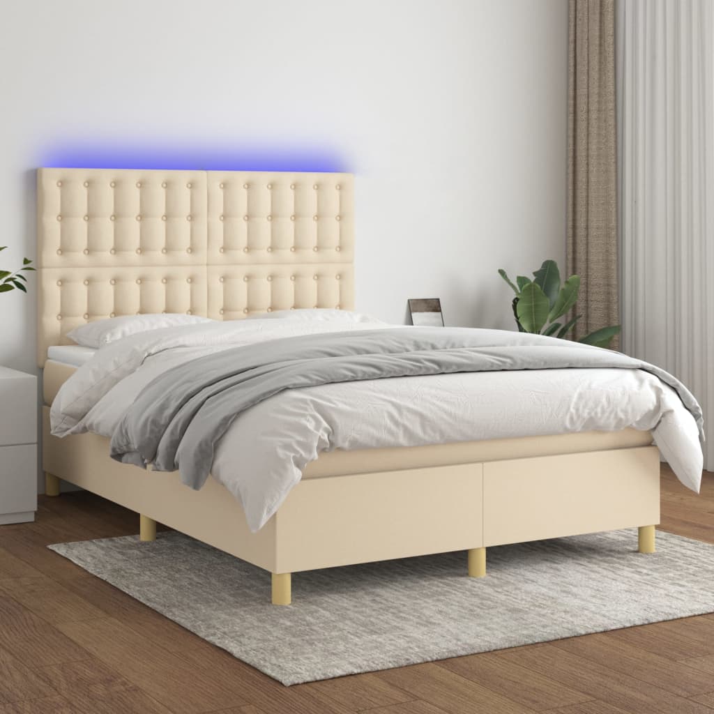 Κρεβάτι Boxspring με Στρώμα & LED Κρεμ 140x200 εκ. Υφασμάτινο - Pakobazaar