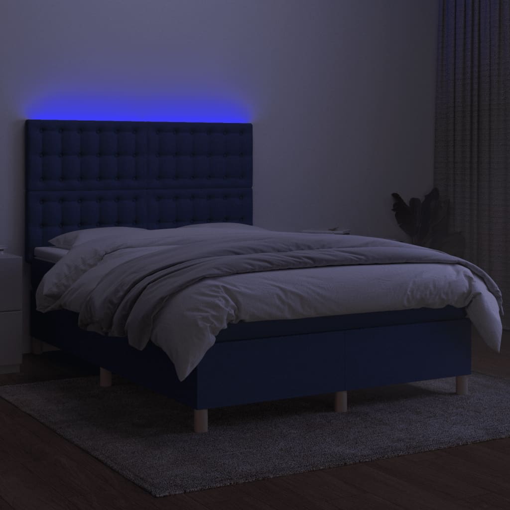 Κρεβάτι Boxspring με Στρώμα & LED Μπλε 140x200 εκ. Υφασμάτινο - Pakobazaar