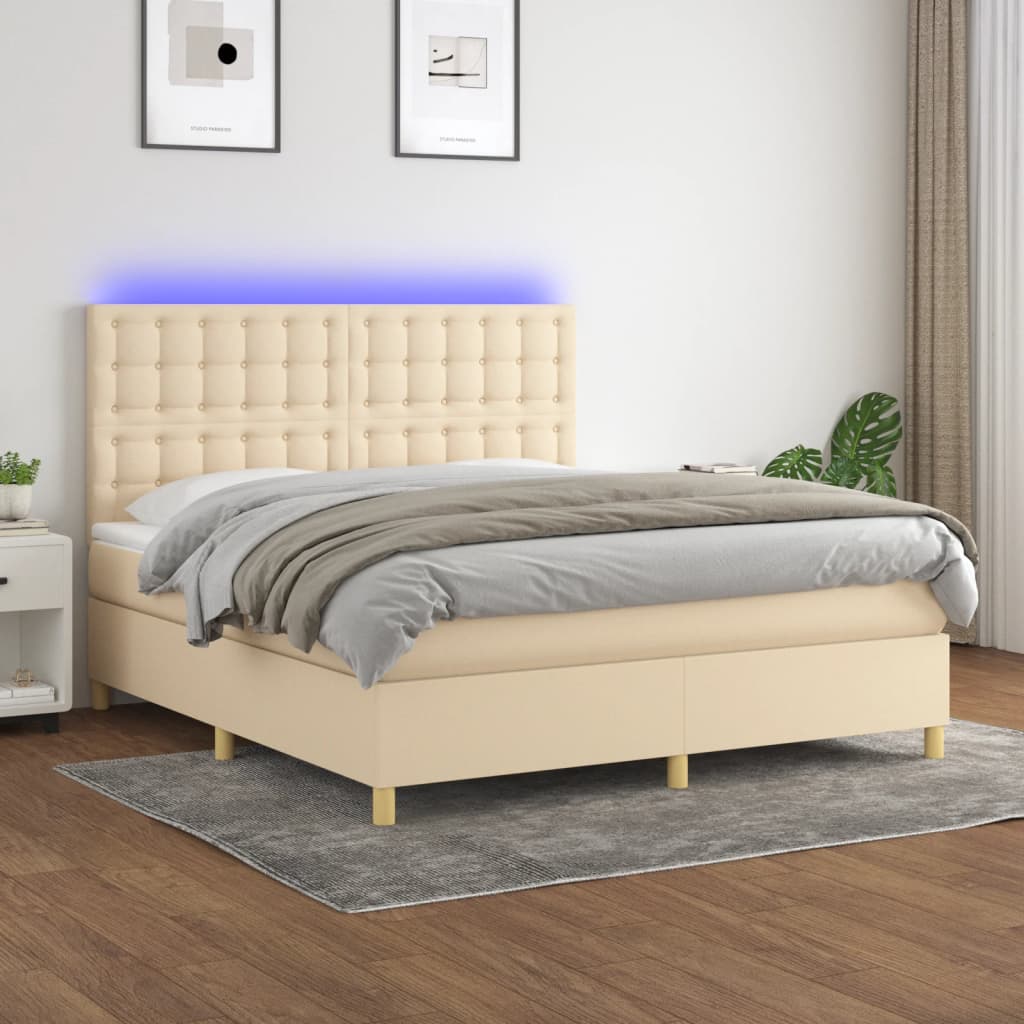 Κρεβάτι Boxspring με Στρώμα & LED Κρεμ 160x200 εκ. Υφασμάτινο