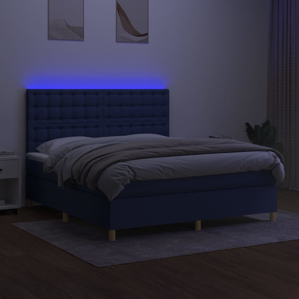 Κρεβάτι Boxspring με Στρώμα & LED Μπλε 160x200 εκ. Υφασμάτινο