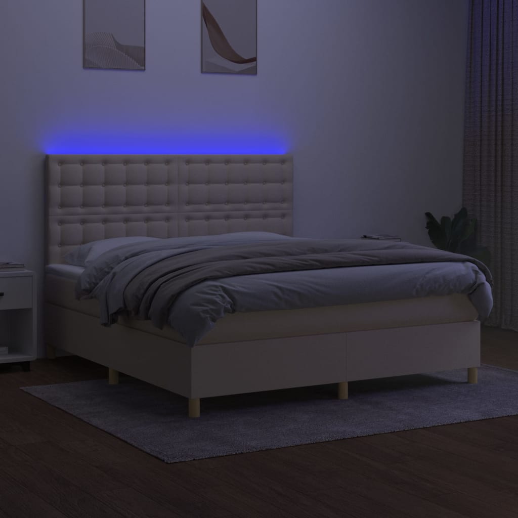 Κρεβάτι Boxspring με Στρώμα & LED Κρεμ 180x200 εκ. Υφασμάτινο