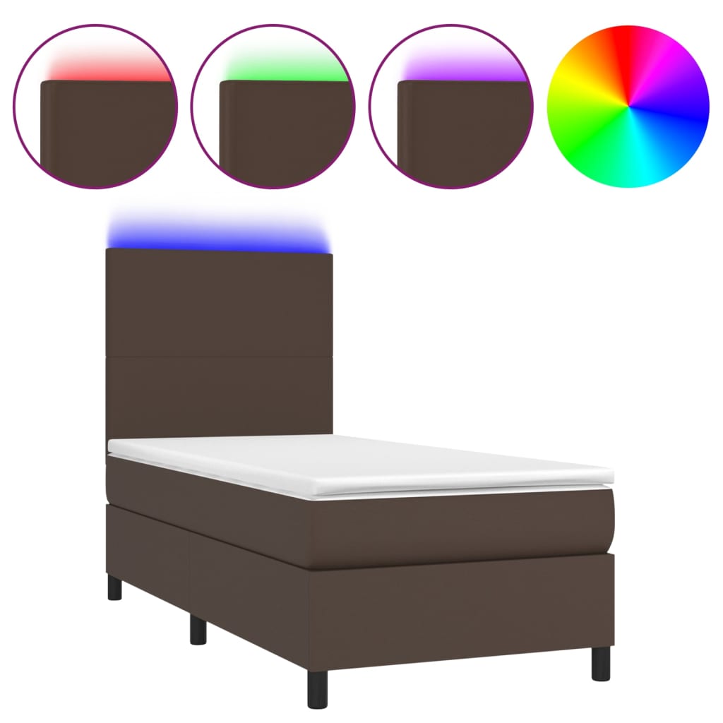 Κρεβάτι Boxspring με Στρώμα & LED Καφέ 80x200 εκ. Συνθ. Δέρμα