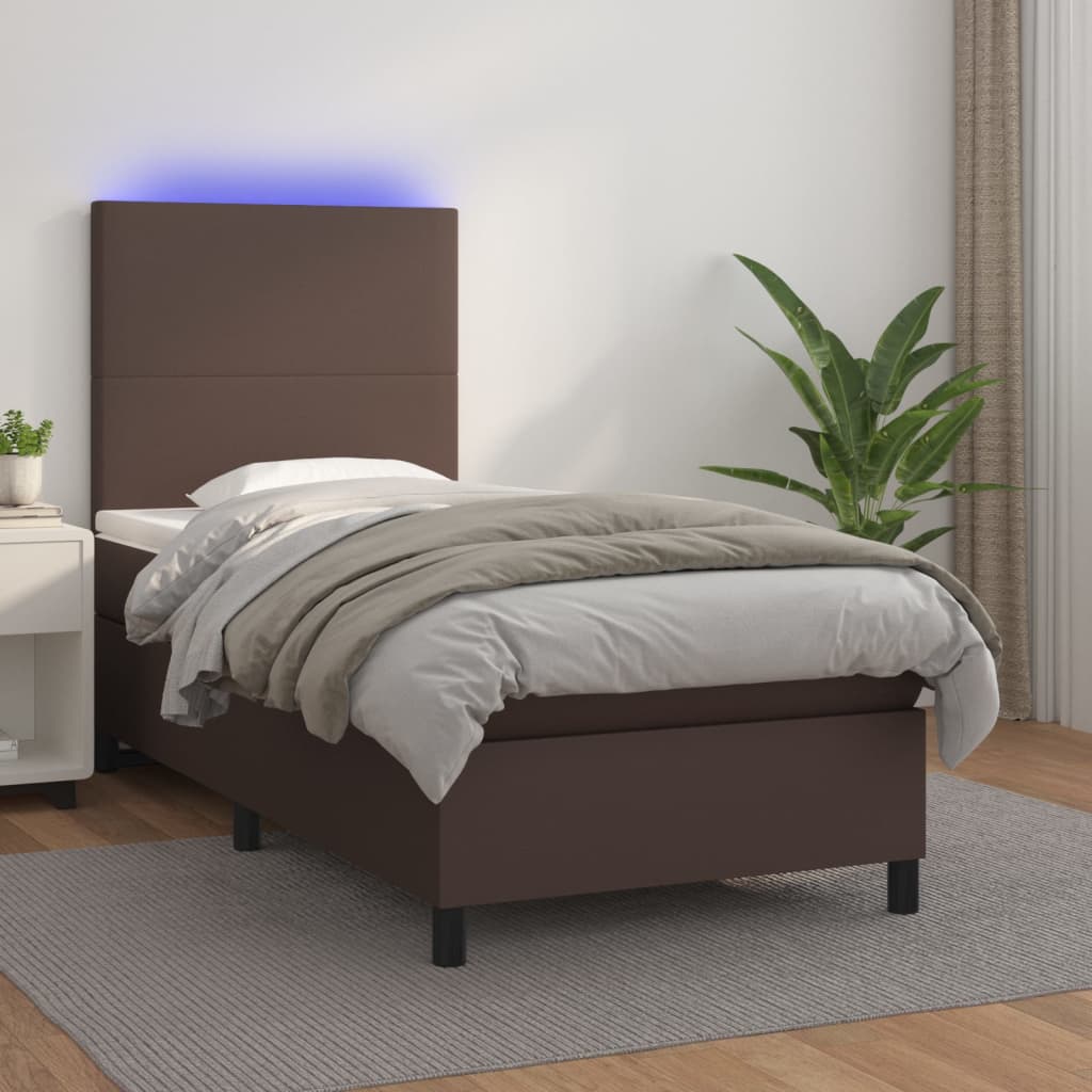 Κρεβάτι Boxspring με Στρώμα & LED Καφέ 80x200 εκ. Συνθ. Δέρμα