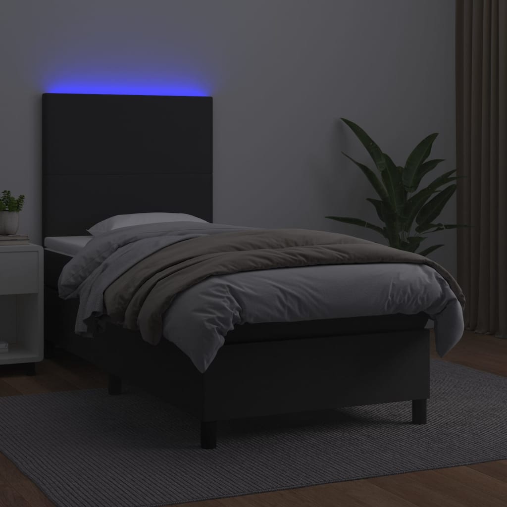Κρεβάτι Boxspring με Στρώμα & LED Μαύρο 90x190 εκ. Συνθ. Δέρμα