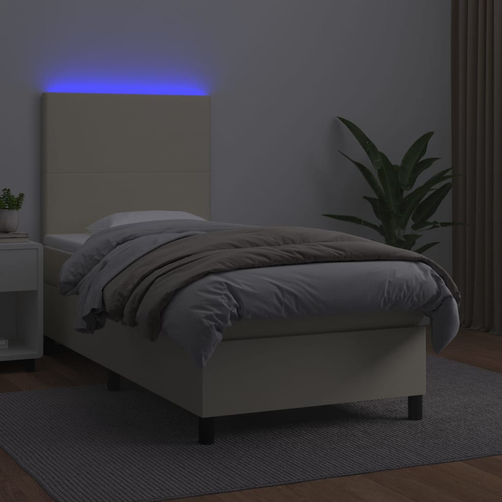 Κρεβάτι Boxspring με Στρώμα & LED Κρεμ 90x190 εκ. Συνθ. Δέρμα - Pakobazaar