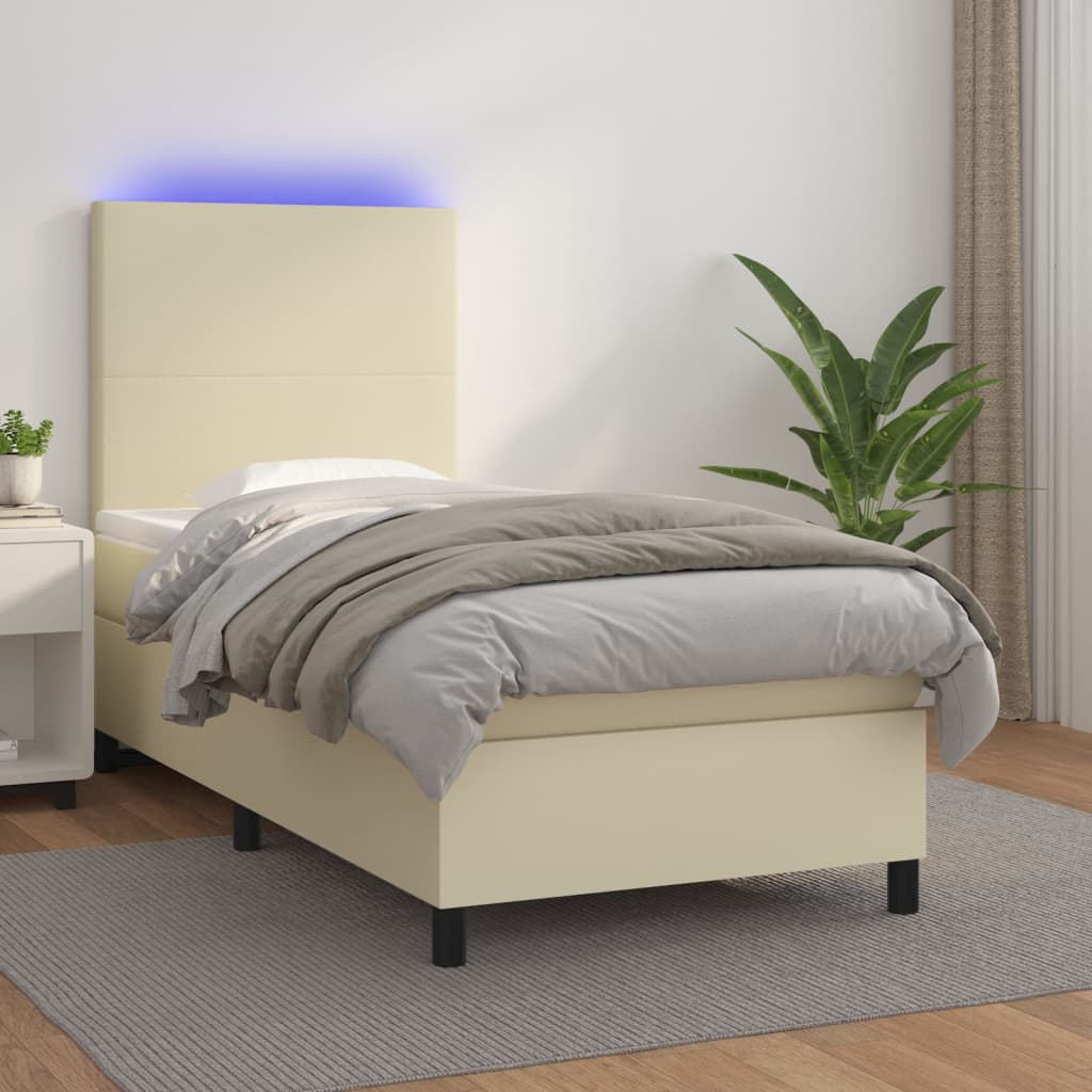 Κρεβάτι Boxspring με Στρώμα & LED Κρεμ 90x190 εκ. Συνθ. Δέρμα - Pakobazaar
