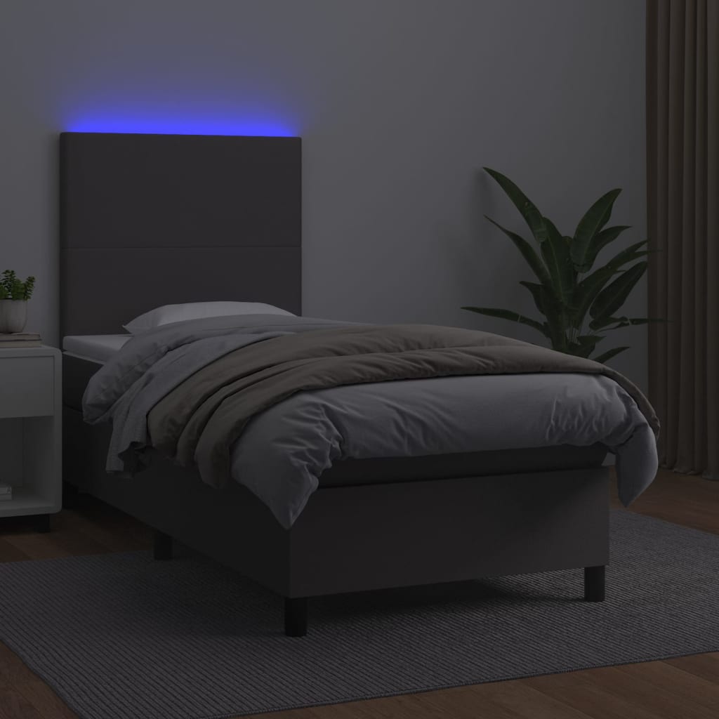 Κρεβάτι Boxspring με Στρώμα & LED Γκρι 90x190 εκ. Συνθ. Δέρμα