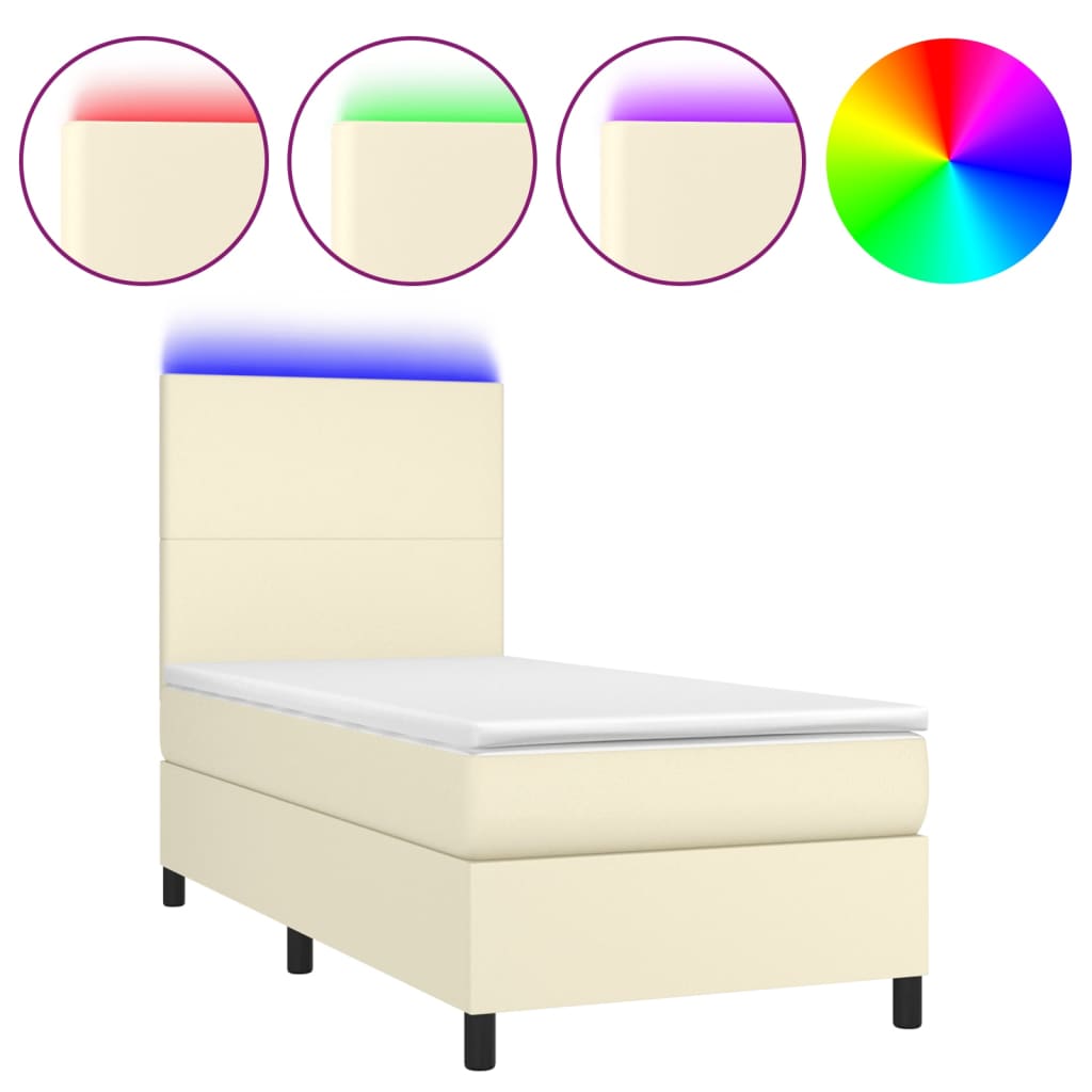 Κρεβάτι Boxspring με Στρώμα & LED Κρεμ 90x200 εκ. Συνθ. Δέρμα - Pakobazaar