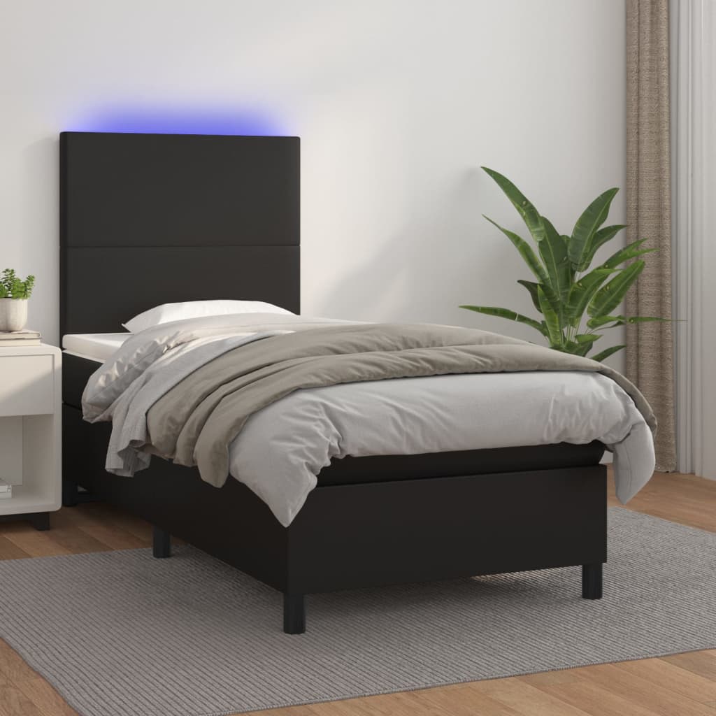 Κρεβάτι Boxspring με Στρώμα & LED Μαύρο 100x200 εκ. Συνθ. Δέρμα