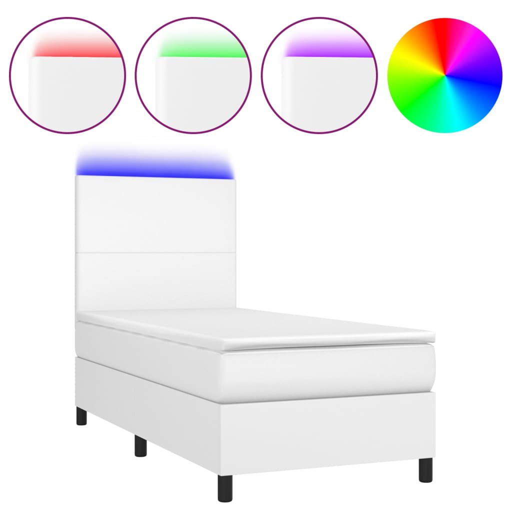 Κρεβάτι Boxspring με Στρώμα & LED Λευκό 100x200 εκ. Συνθ. Δέρμα
