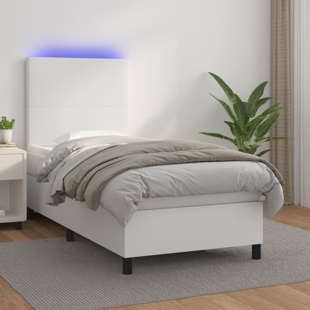 Κρεβάτι Boxspring με Στρώμα & LED Λευκό 100x200 εκ. Συνθ. Δέρμα