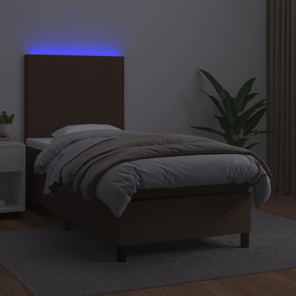 Κρεβάτι Boxspring με Στρώμα & LED Καφέ 100x200 εκ. Συνθ. Δέρμα