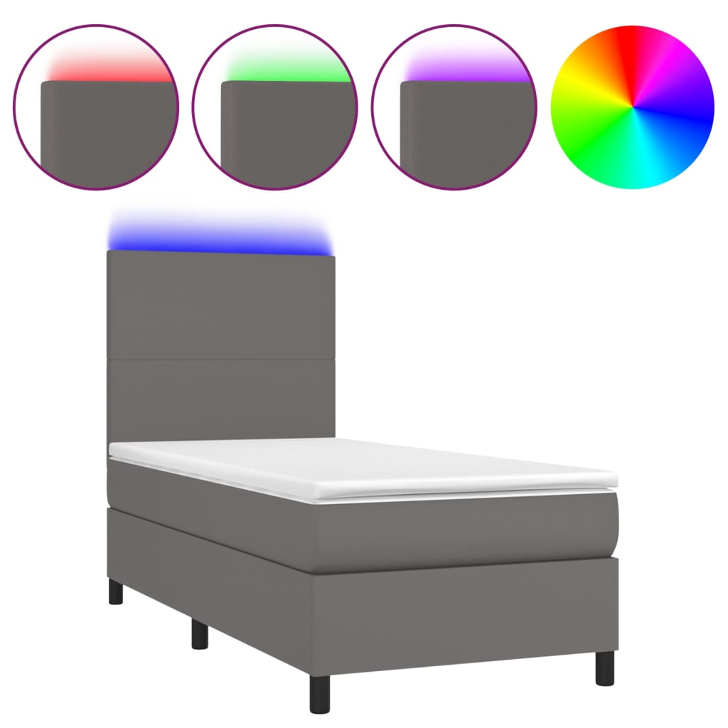 Κρεβάτι Boxspring με Στρώμα & LED Γκρι 100x200 εκ. Συνθ. Δέρμα