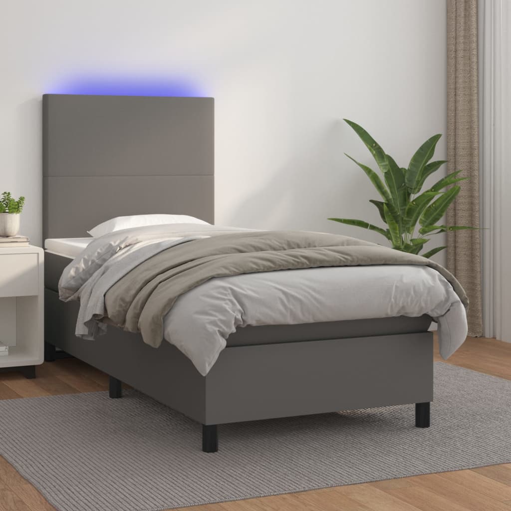 Κρεβάτι Boxspring με Στρώμα & LED Γκρι 100x200 εκ. Συνθ. Δέρμα