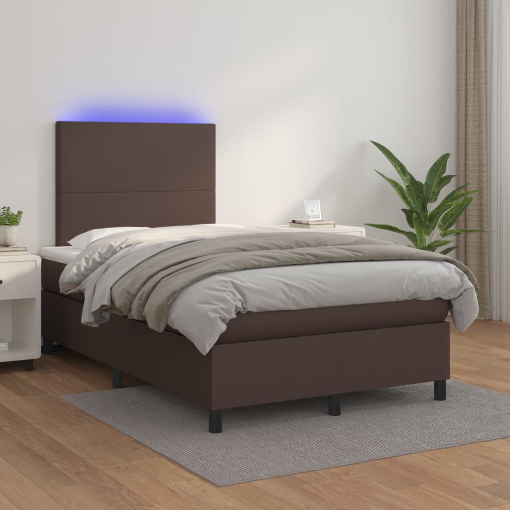 Κρεβάτι Boxspring με Στρώμα & LED Καφέ 120x200 εκ. Συνθ. Δέρμα