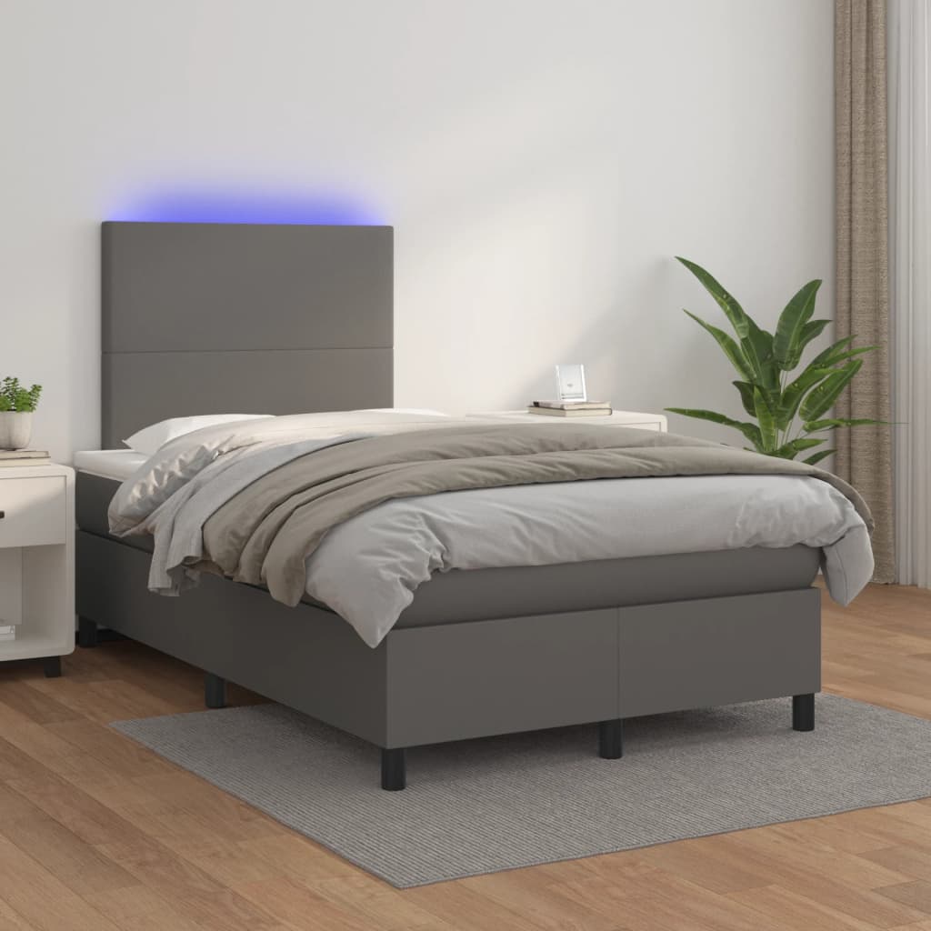 Κρεβάτι Boxspring με Στρώμα & LED Γκρι 120x200 εκ. Συνθ. Δέρμα