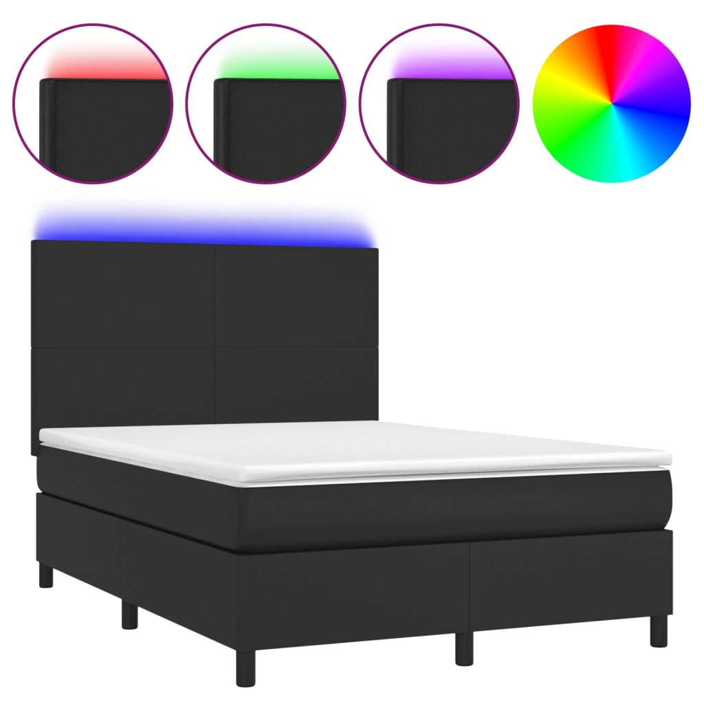 Κρεβάτι Boxspring με Στρώμα & LED Μαύρο 140x190 εκ. Συνθ. Δέρμα