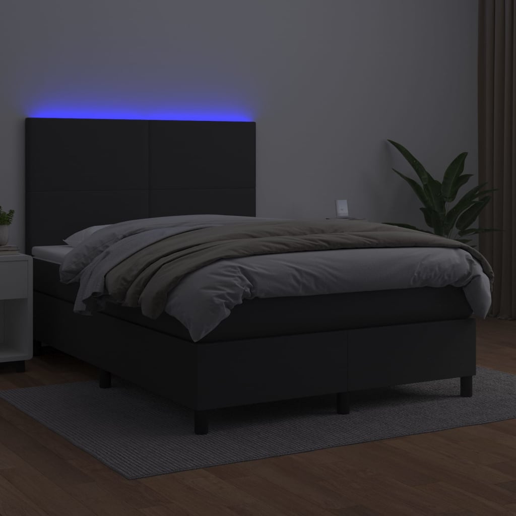 Κρεβάτι Boxspring με Στρώμα & LED Μαύρο 140x190 εκ. Συνθ. Δέρμα