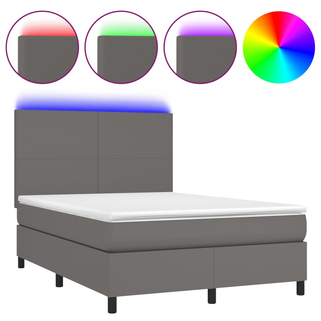 Κρεβάτι Boxspring με Στρώμα & LED Γκρι 140x190 εκ. Συνθ. Δέρμα