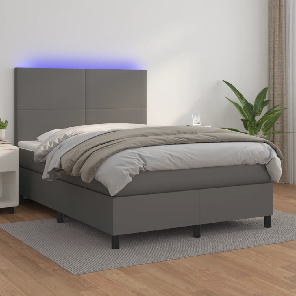 Κρεβάτι Boxspring με Στρώμα & LED Γκρι 140x190 εκ. Συνθ. Δέρμα