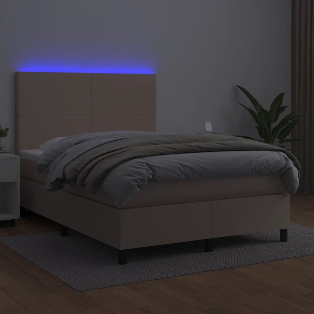 Κρεβάτι Boxspring Στρώμα&LED Καπουτσίνο 140x190 εκ. Συνθ. Δέρμα