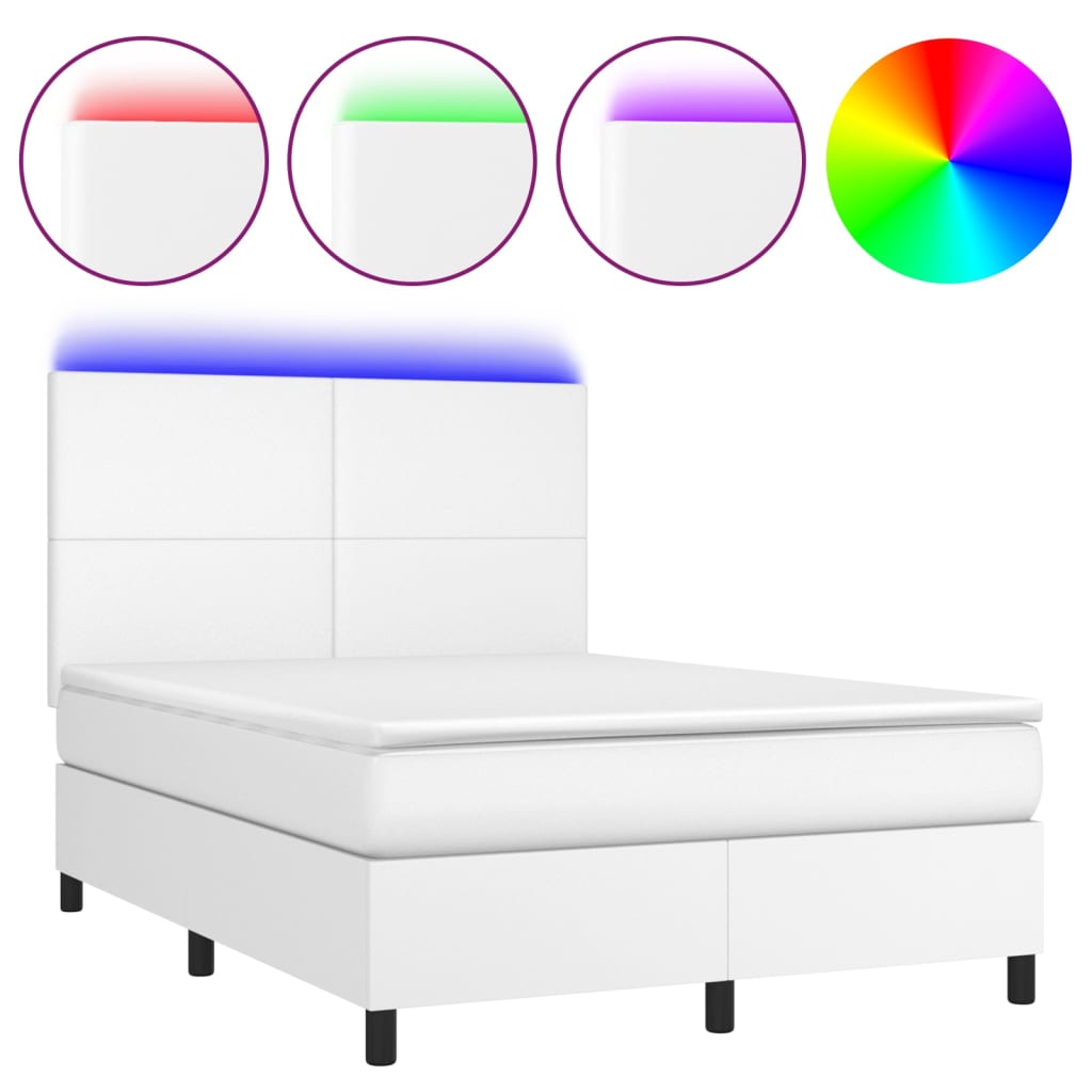 Κρεβάτι Boxspring με Στρώμα & LED Λευκό 140x200 εκ. Συνθ. Δέρμα