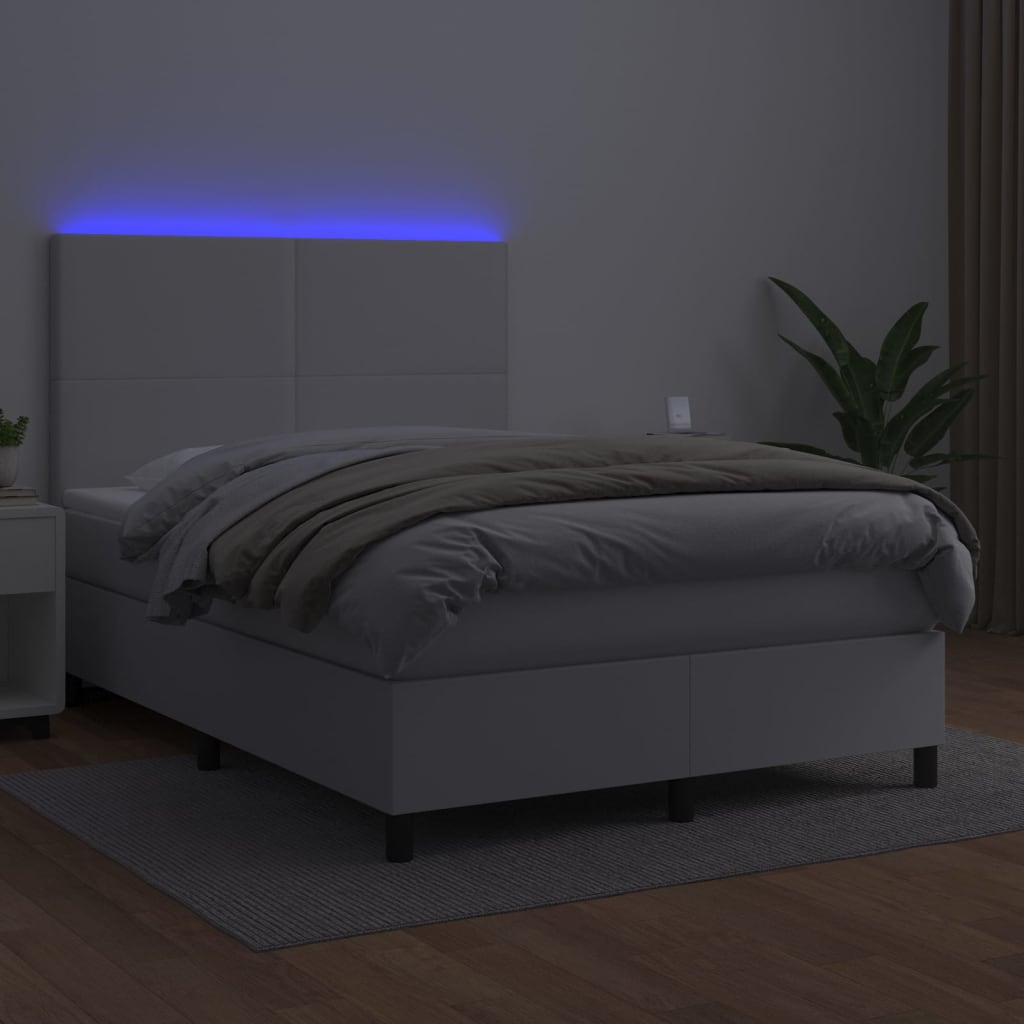 Κρεβάτι Boxspring με Στρώμα & LED Λευκό 140x200 εκ. Συνθ. Δέρμα