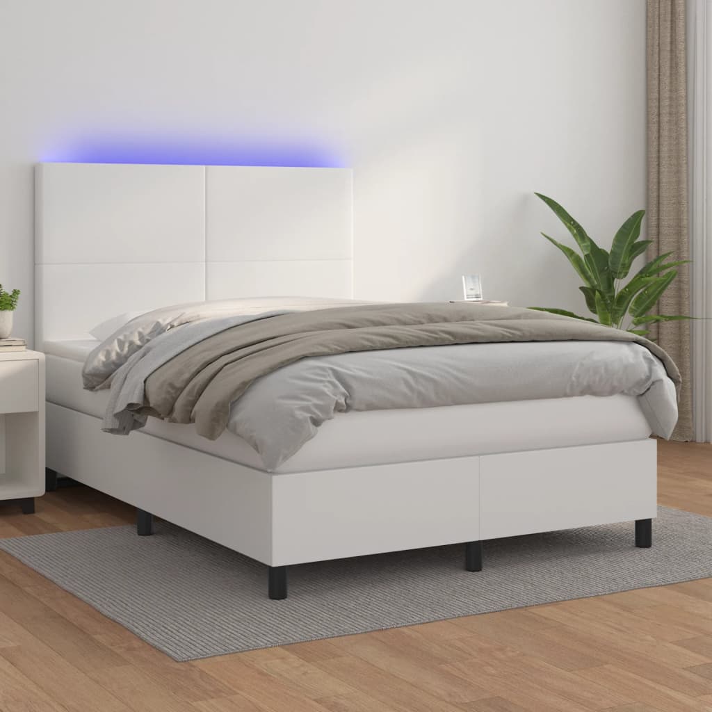 Κρεβάτι Boxspring με Στρώμα & LED Λευκό 140x200 εκ. Συνθ. Δέρμα