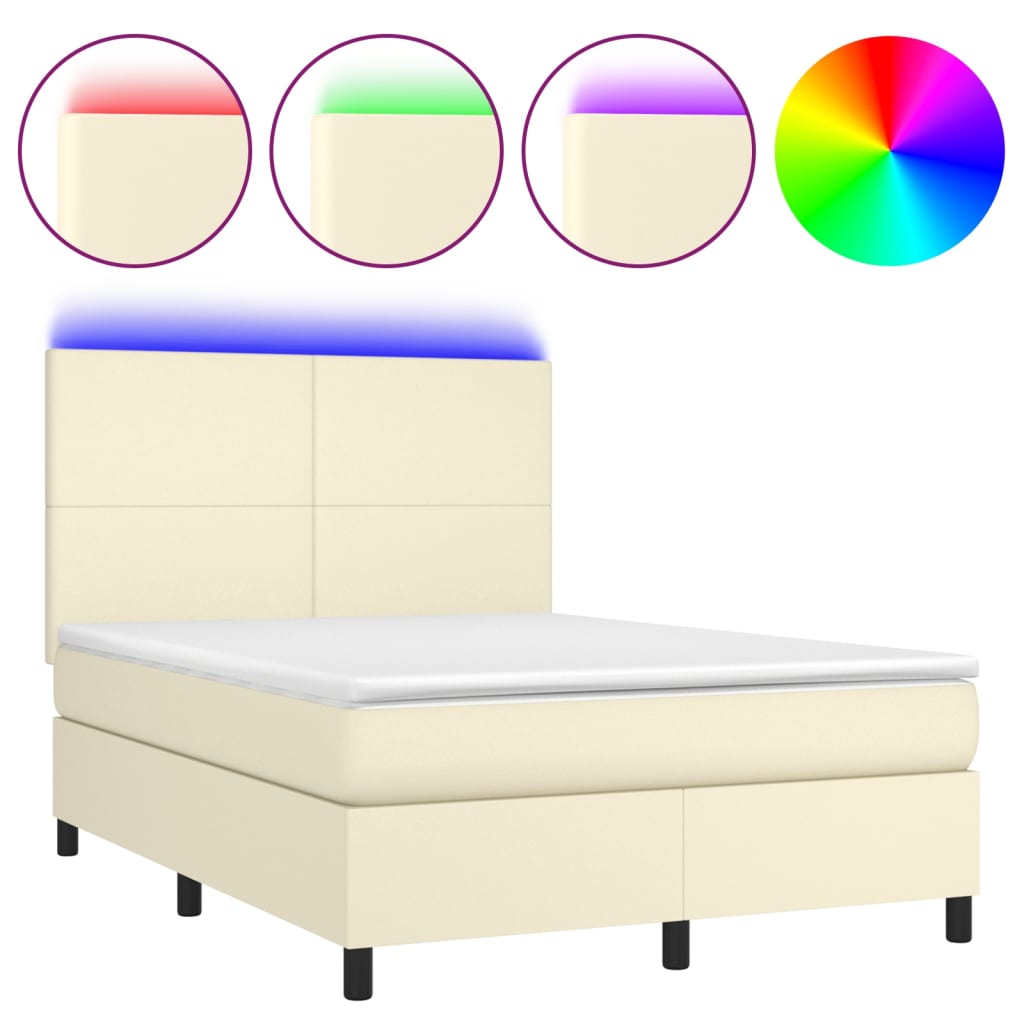 Κρεβάτι Boxspring με Στρώμα & LED Κρεμ 140x200 εκ. Συνθ. Δέρμα - Pakobazaar