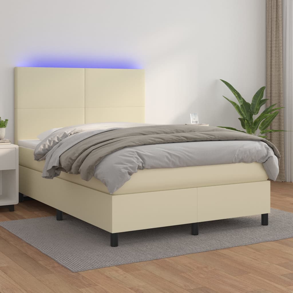Κρεβάτι Boxspring με Στρώμα & LED Κρεμ 140x200 εκ. Συνθ. Δέρμα - Pakobazaar