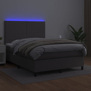 Κρεβάτι Boxspring με Στρώμα & LED Γκρι 140x200 εκ. Συνθ. Δέρμα
