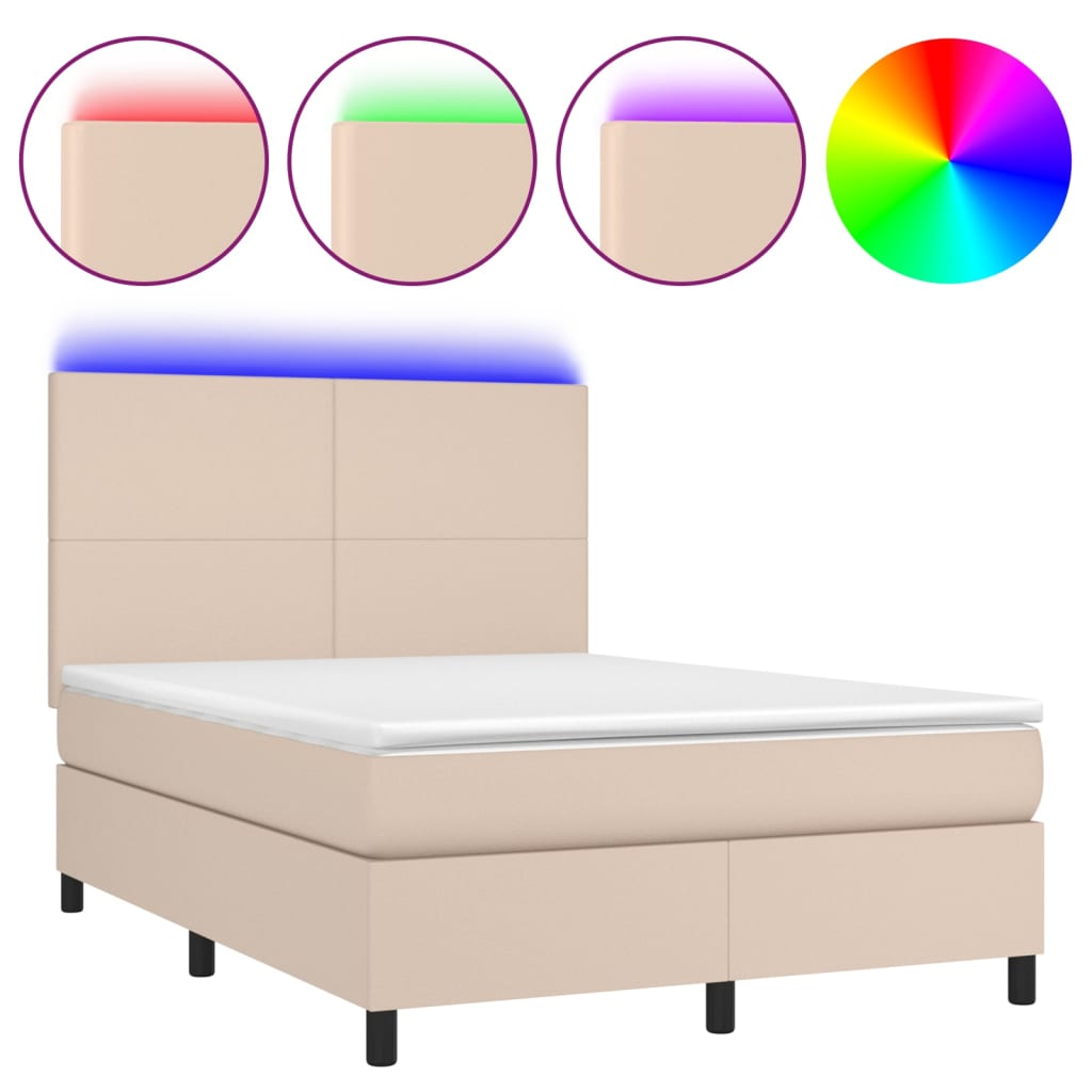 Κρεβάτι Boxspring Στρώμα&LED Καπουτσίνο 140x200 εκ. Συνθ. Δέρμα - Pakobazaar