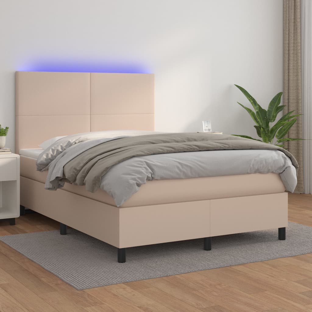 Κρεβάτι Boxspring Στρώμα&LED Καπουτσίνο 140x200 εκ. Συνθ. Δέρμα - Pakobazaar