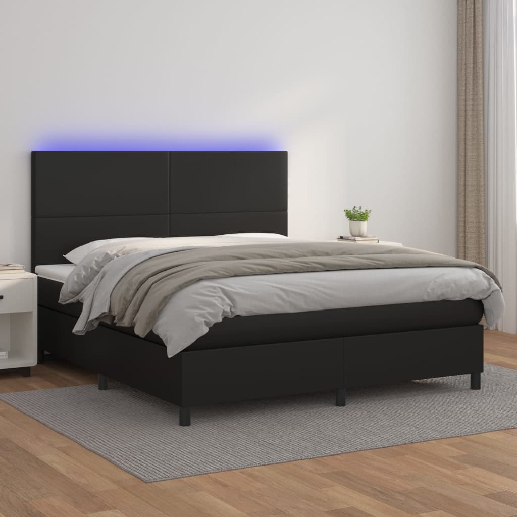 Κρεβάτι Boxspring με Στρώμα & LED Μαύρο 160x200 εκ. Συνθ. Δέρμα