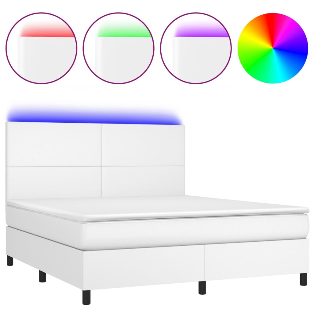 Κρεβάτι Boxspring με Στρώμα & LED Λευκό 160x200 εκ. Συνθ. Δέρμα