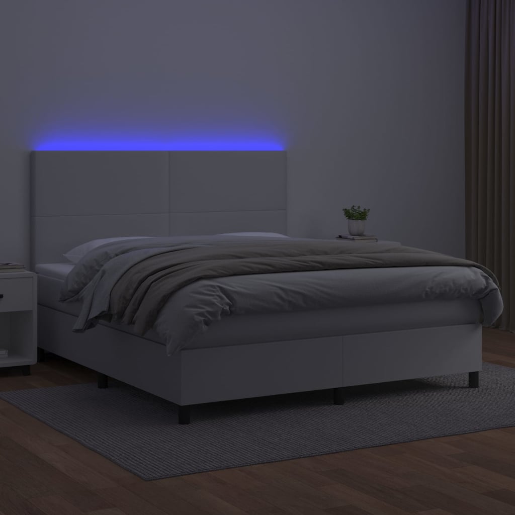 Κρεβάτι Boxspring με Στρώμα & LED Λευκό 160x200 εκ. Συνθ. Δέρμα