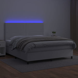 Κρεβάτι Boxspring με Στρώμα & LED Λευκό 160x200 εκ. Συνθ. Δέρμα