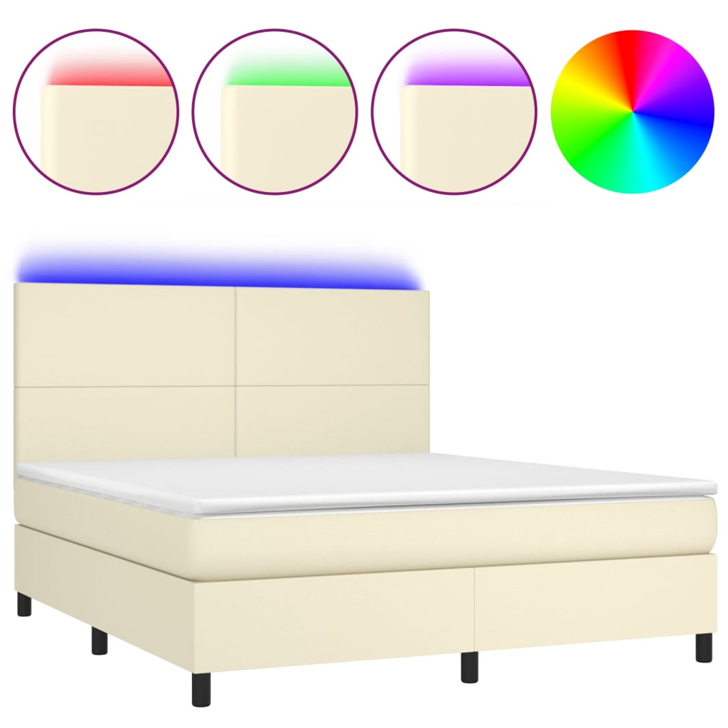 Κρεβάτι Boxspring με Στρώμα & LED Κρεμ 160x200 εκ. Συνθ. Δέρμα - Pakobazaar