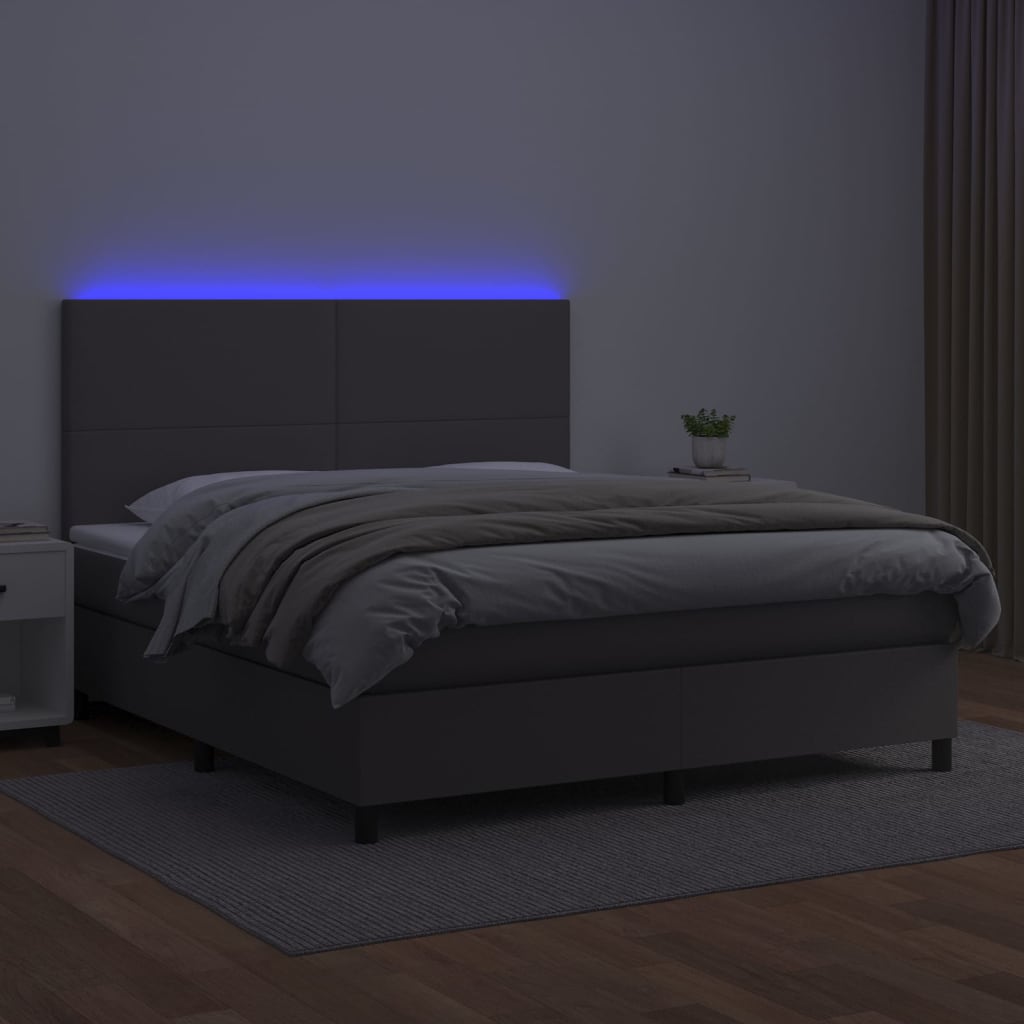 Κρεβάτι Boxspring με Στρώμα & LED Γκρι 160x200 εκ. Συνθ. Δέρμα