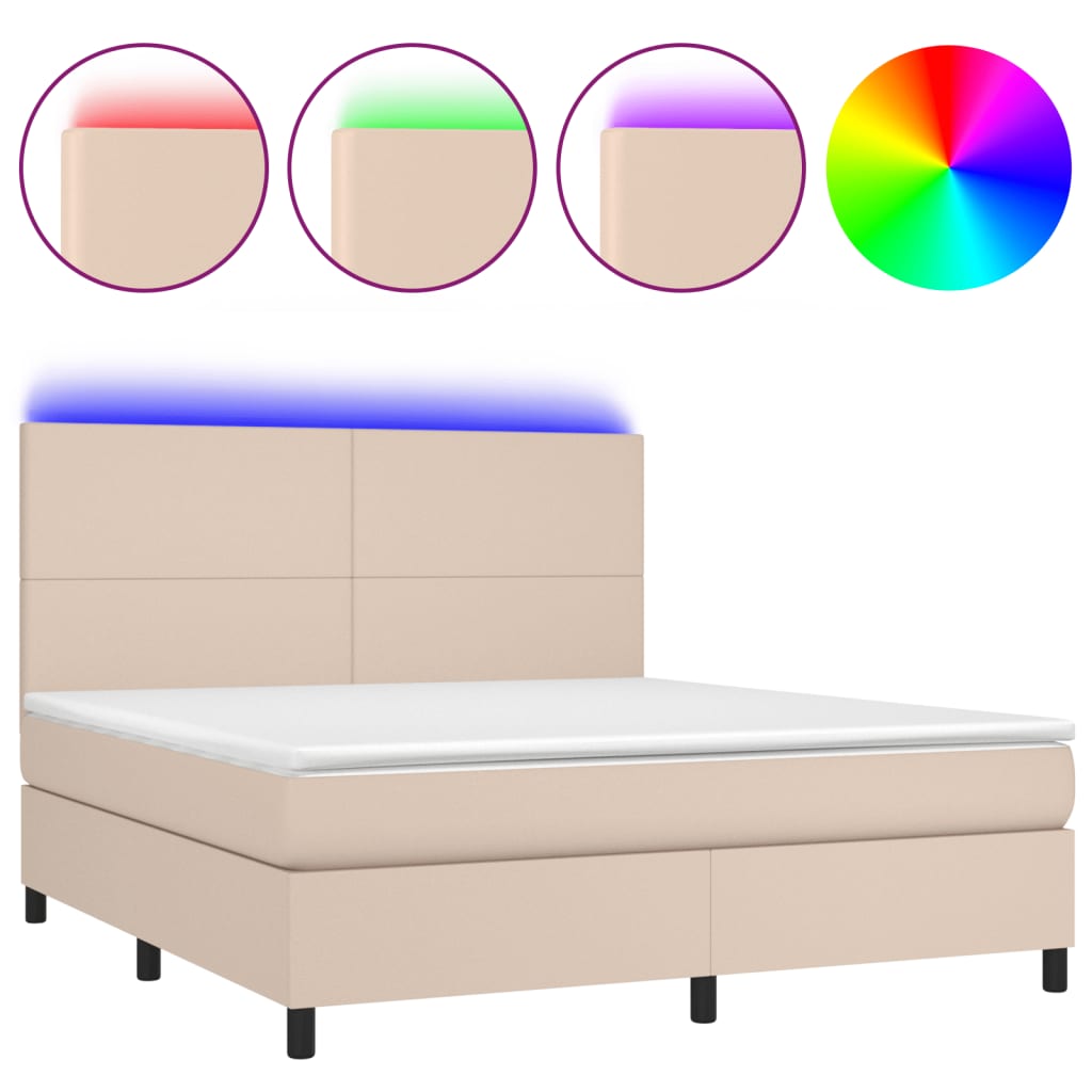 Κρεβάτι Boxspring Στρώμα&LED Καπουτσίνο 160x200 εκ. Συνθ. Δέρμα