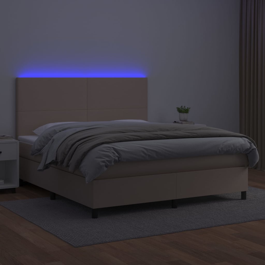 Κρεβάτι Boxspring Στρώμα&LED Καπουτσίνο 160x200 εκ. Συνθ. Δέρμα