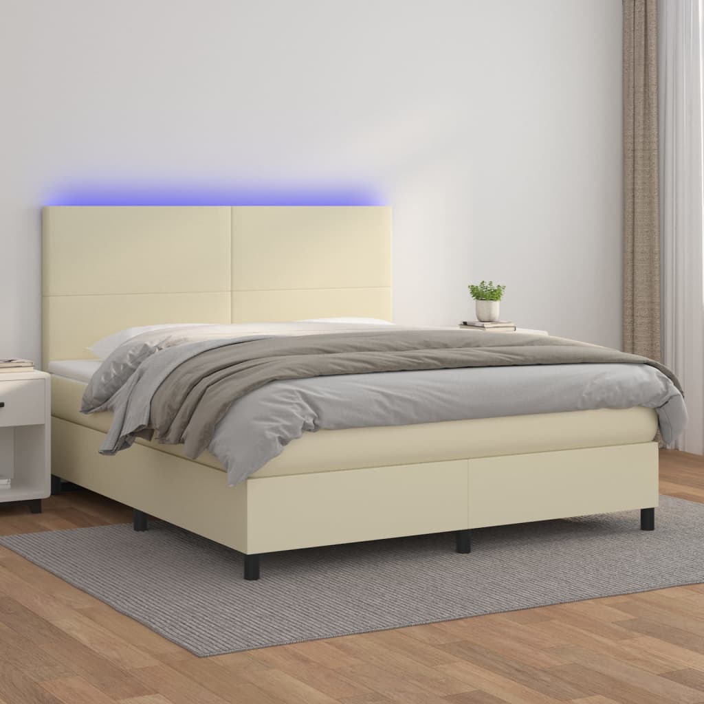 Κρεβάτι Boxspring με Στρώμα & LED Κρεμ 180x200 εκ. Συνθ. Δέρμα - Pakobazaar