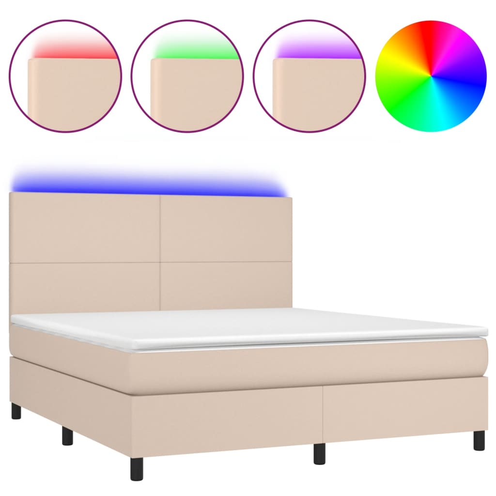 Κρεβάτι Boxspring Στρώμα&LED Καπουτσίνο 180x200 εκ. Συνθ. Δέρμα