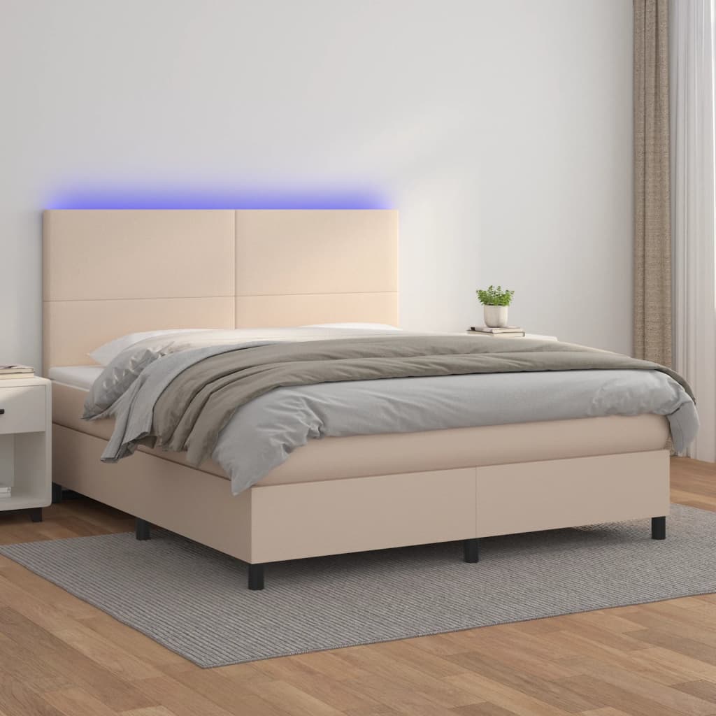 Κρεβάτι Boxspring Στρώμα&LED Καπουτσίνο 180x200 εκ. Συνθ. Δέρμα