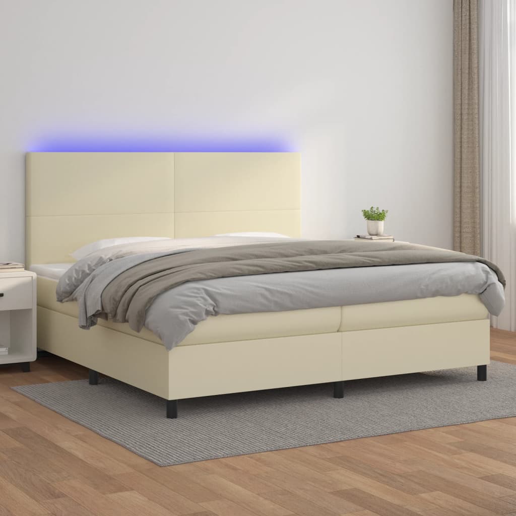 Κρεβάτι Boxspring με Στρώμα & LED Κρεμ 200x200 εκ. Συνθ. Δέρμα - Pakobazaar
