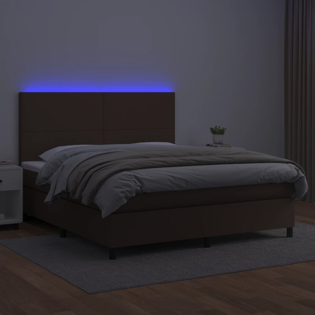Κρεβάτι Boxspring με Στρώμα & LED Καφέ 200x200 εκ. Συνθ. Δέρμα - Pakobazaar